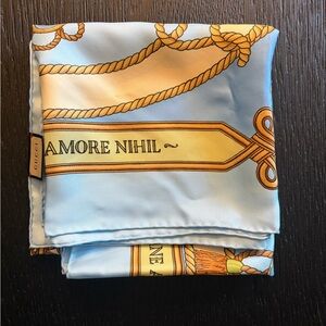 NWT Gucci Silk Scarf “Gucci Sine Amore Nihil” Blue & Gold Rope Print w/ Box
